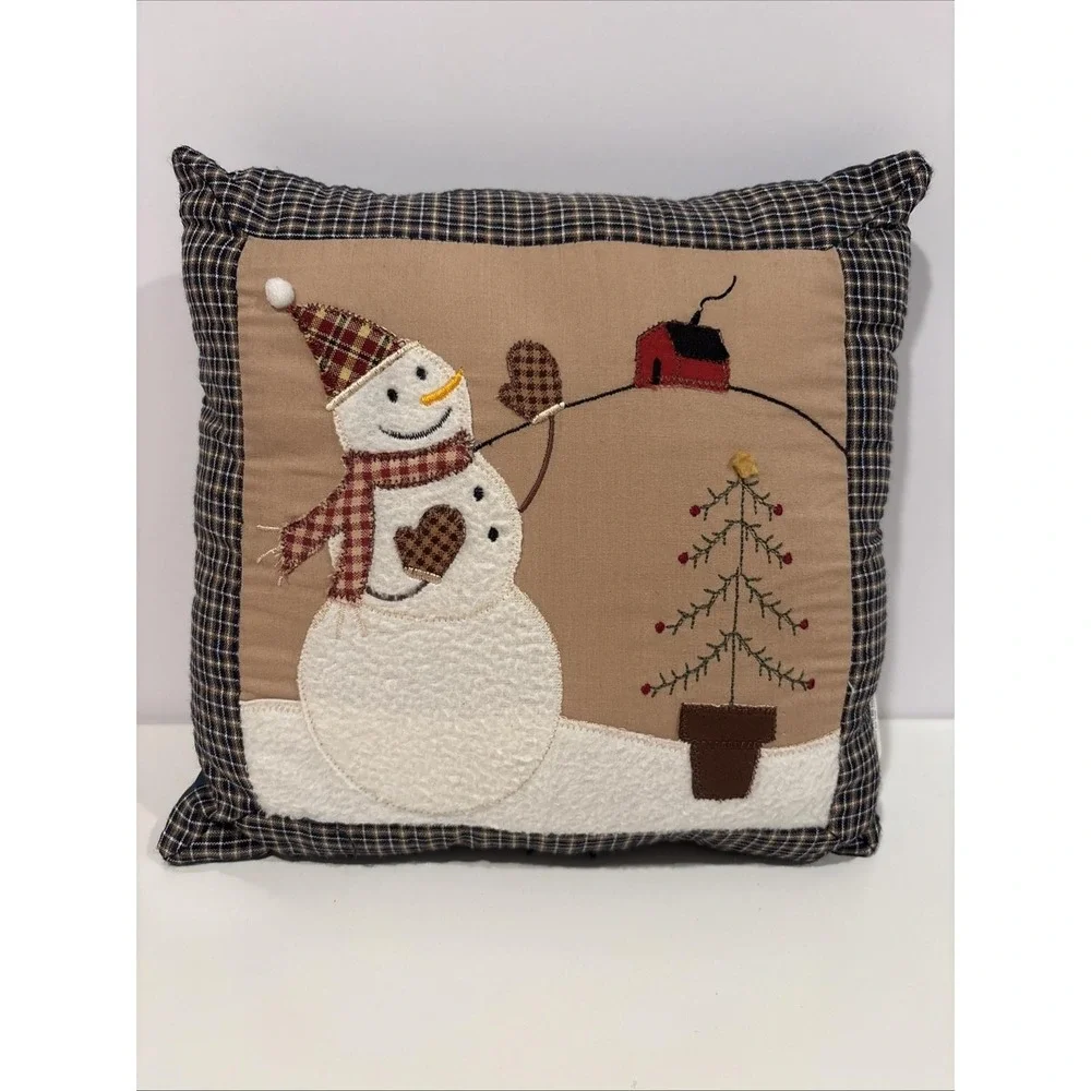 Christmas Snowman Plaid Throw‎ Pillow Holiday Farmhouse Cozy Cabin Decor